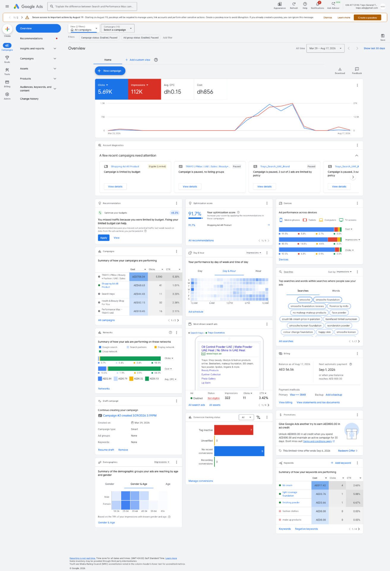 TRAYO Google Ads overview showing impressions clicks cost and tracking status